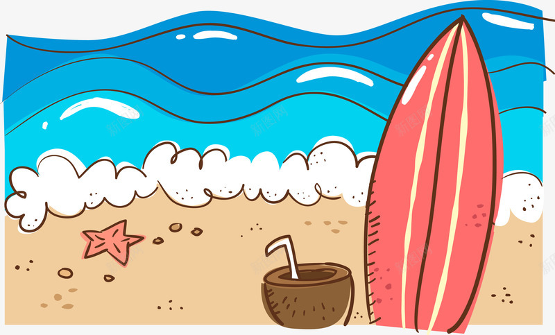 手绘海浪海滩png免抠素材_新图网 https://ixintu.com 冲浪板 划桨板 手绘 椰汁 海星 海浪 海滩