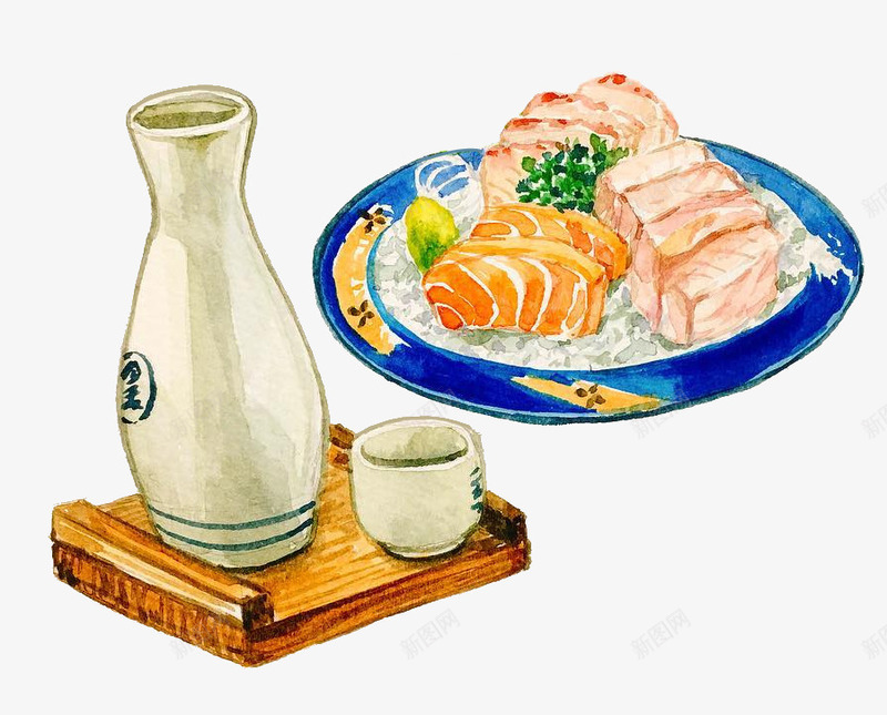 手绘日式風料理png免抠素材_新图网 https://ixintu.com 吃飯 手绘 清酒 生魚片