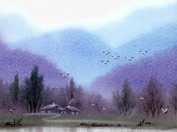 清幽脱俗水乡风景手绘水彩画高清图片