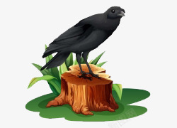 卡通手绘站在树桩上的乌鸦素材