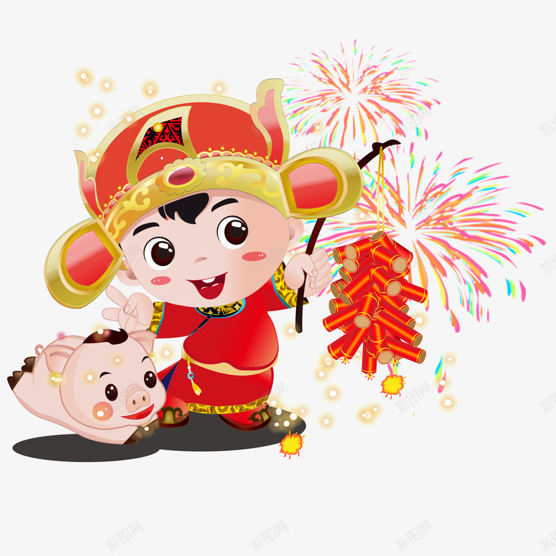 猪年财神送福放烟花png免抠素材_新图网 https://ixintu.com 2019 农历新年 放鞭炮 新年 新年快乐 春节 烟花 猪年 财神 过年好 金猪送福