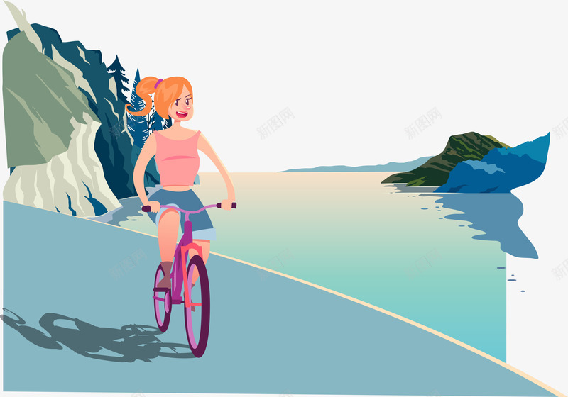 晨起骑车png免抠素材_新图网 https://ixintu.com 公路 卡通 少女 沿海公路 沿途风景 海滩 海边 路途