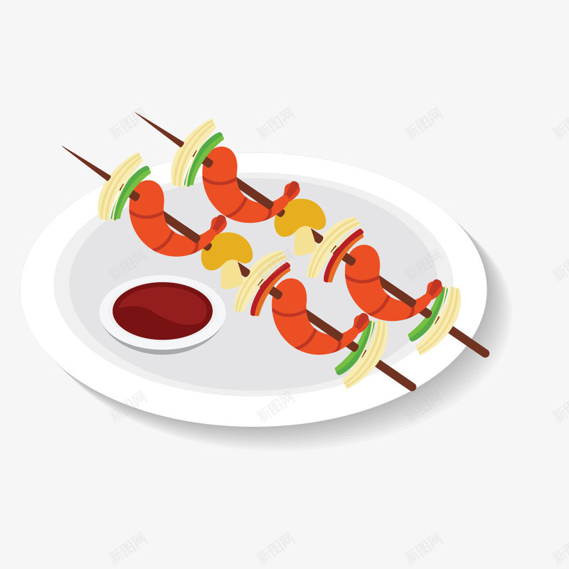 美味的大虾烤串简图png免抠素材_新图网 https://ixintu.com 卡通 大虾 海鲜 烤串 美味的 肉串 蘸酱 虾肉