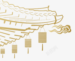 复古中秋节手绘卡通中秋节国庆节复古屋檐高清图片
