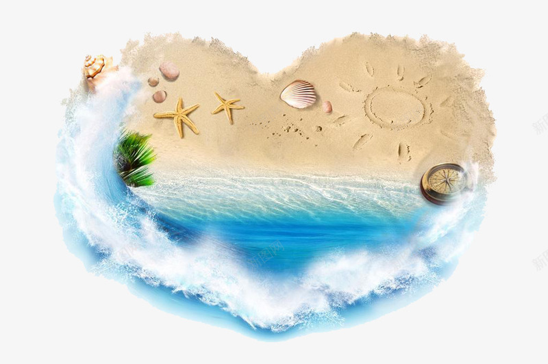 海洋中的海浪心形png免抠素材_新图网 https://ixintu.com 心形 沙滩 海浪 蓝色 贝壳