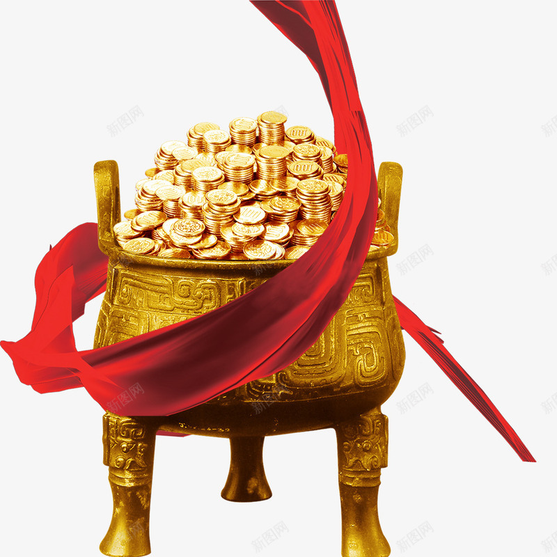 聚宝盆png免抠素材_新图网 https://ixintu.com 红色飘带 网页设计 聚宝盆 聚宝盆图 装饰元素 金色