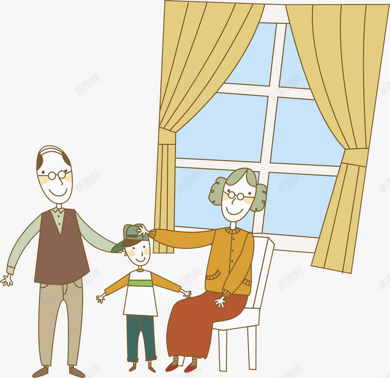 手绘老人png免抠素材_新图网 https://ixintu.com 卡通 孩子 手绘 水彩 窗帘 窗户 老人 聊天 蓝色