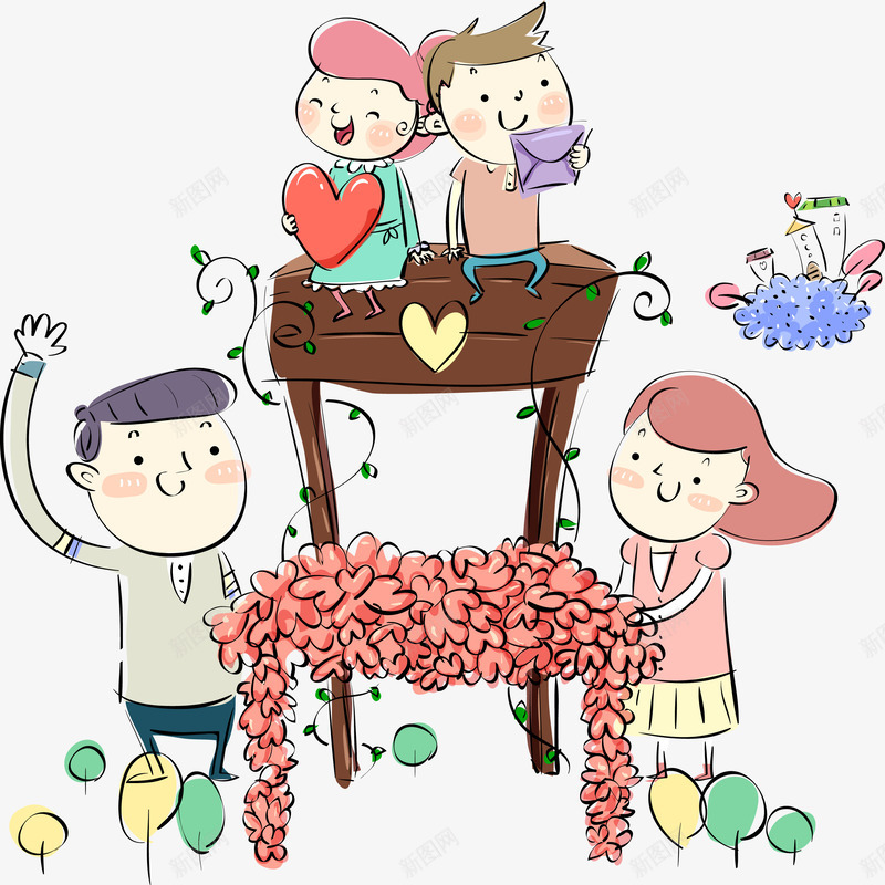 幸福的一家子png免抠素材_新图网 https://ixintu.com PNG 儿女 卡通 木板 气球 爱心 父母 花朵