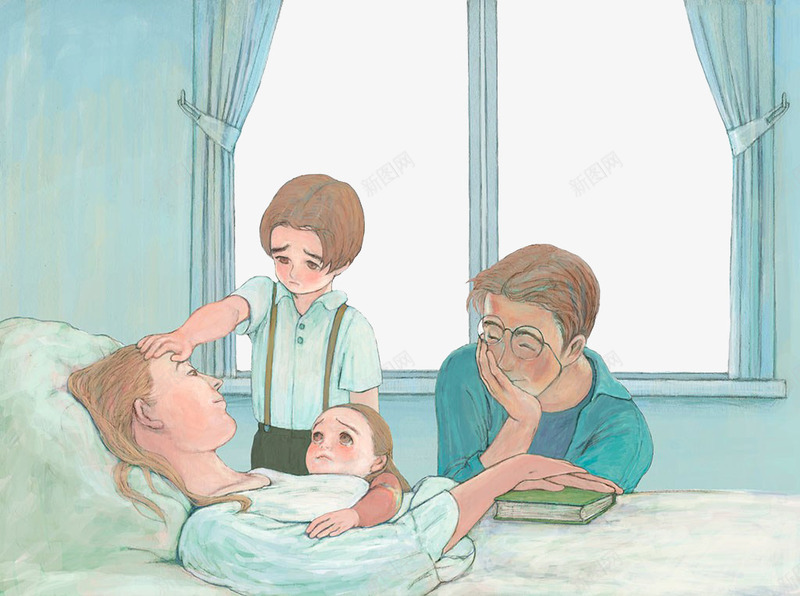 孩子看生病的母亲png免抠素材_新图网 https://ixintu.com 卡通 孩子 母亲 生病