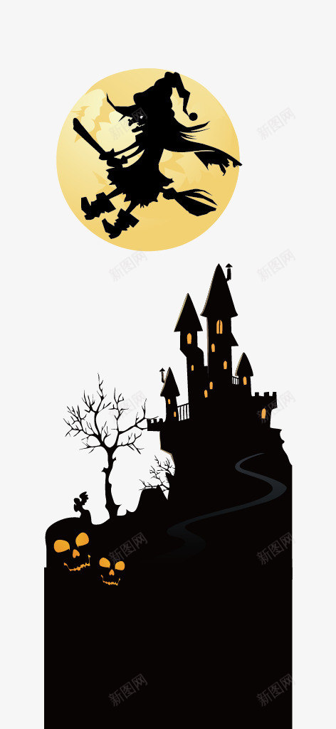 骑扫把的女巫png免抠素材_新图网 https://ixintu.com 万圣节 万圣节元素 万圣节素材 城堡 月亮 骑扫把的女巫 骷髅 鬼屋