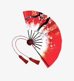 红色折扇梅花扇子元素高清图片