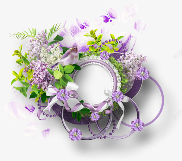 紫色花卉圆环边框png免抠素材_新图网 https://ixintu.com 圆环边框 紫色花卉 绿色叶子 装饰素材