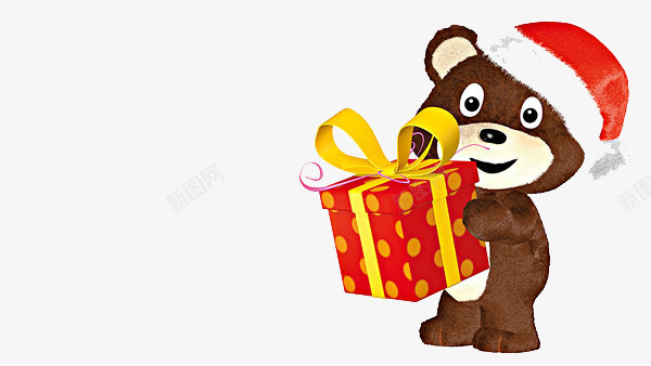 拿着礼盒的小熊png免抠素材_新图网 https://ixintu.com 圣诞帽 拿着礼盒的小熊 棕色的小熊 站立的小熊 金色的丝带