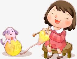 可爱人物插图织毛衣的女孩与小狗素材