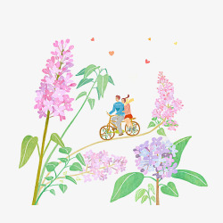 骑单车的情侣手绘时尚插画情侣和丁香花高清图片