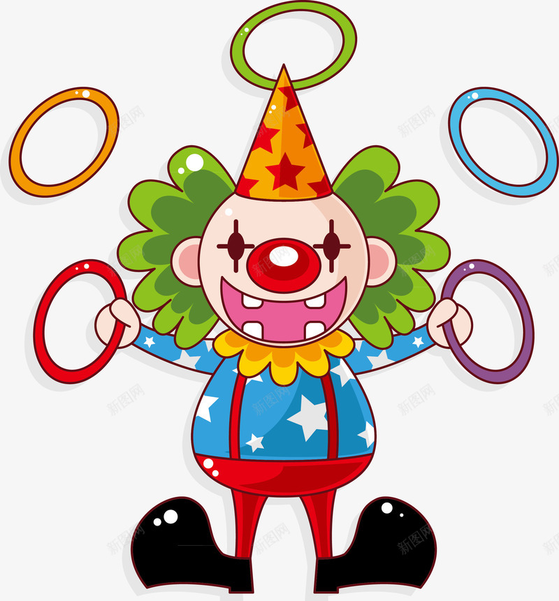 小丑扔圈杂技表演png免抠素材_新图网 https://ixintu.com 卡通 圆锥帽 圈子AI 绿色头发