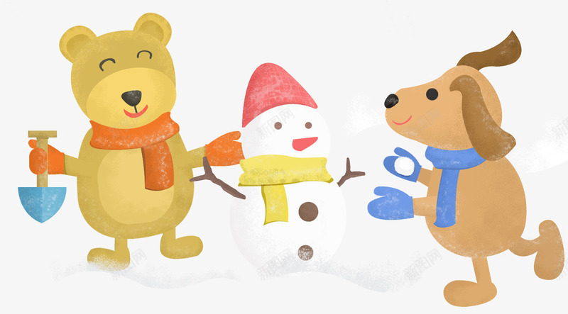 堆雪人的小狗和小熊png免抠素材_新图网 https://ixintu.com 卡通手绘 堆雪人 小熊 小狗 户外活动 装饰图案