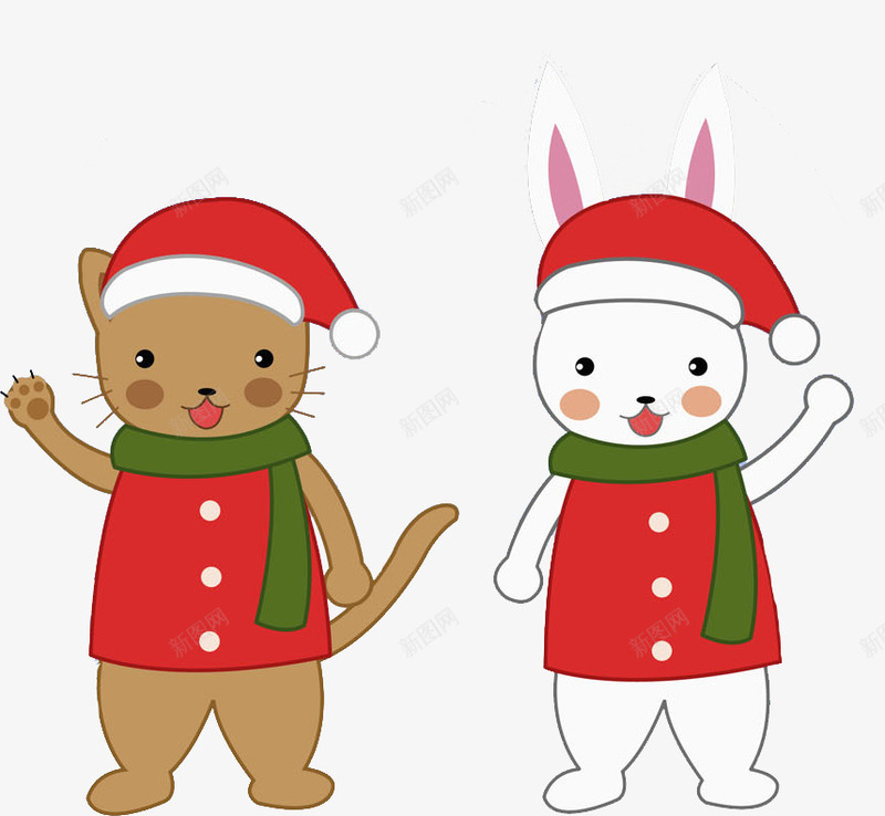 卡通挥手的动物图png免抠素材_新图网 https://ixintu.com 可爱的 围巾 圣诞帽 小熊 小白兔 挥手的 红色的