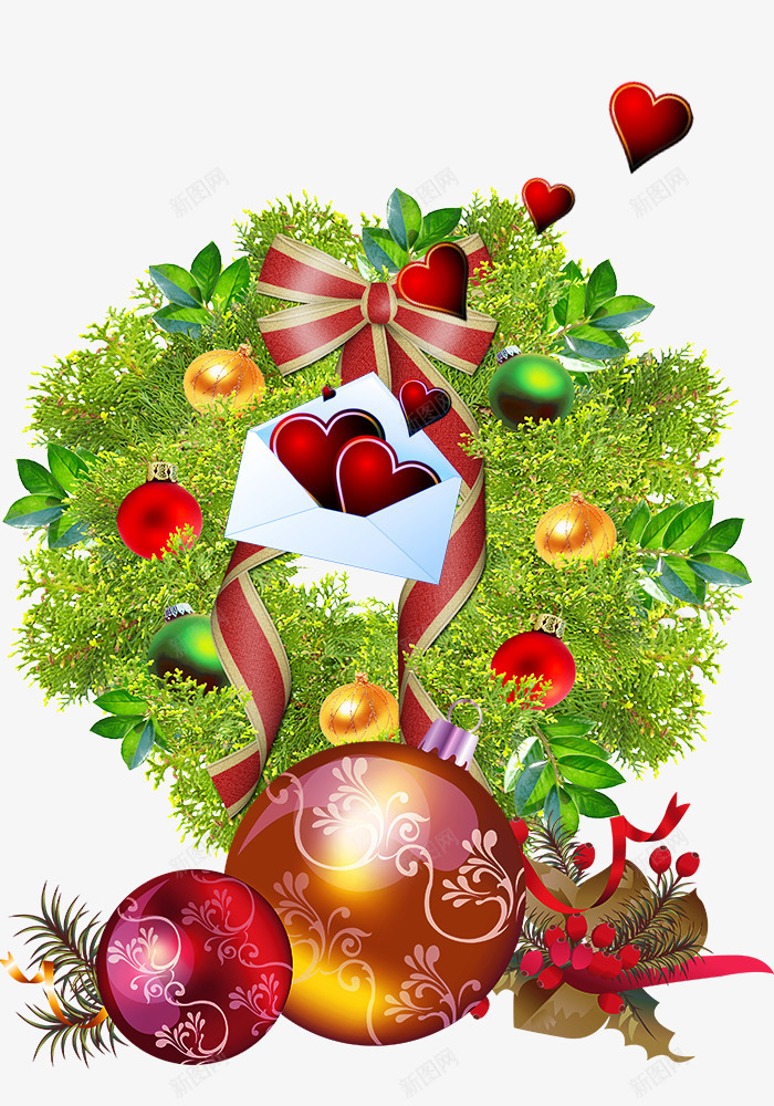 圣诞树和白色爱心信封png免抠素材_新图网 https://ixintu.com 圣诞节素材 爱心信封 礼物球 祝福寄语 红色爱心 绿色圣诞树