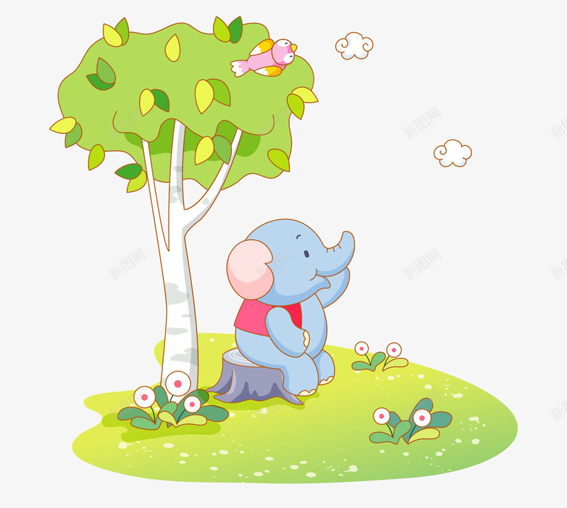卡通坐树桩小象绿色树木花草png免抠素材_新图网 https://ixintu.com 做树桩的小象 卡通的动物 彩色的花草 矢量的小象 绿色的树木