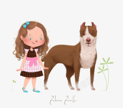 花裙子手绘小女孩和狗高清图片