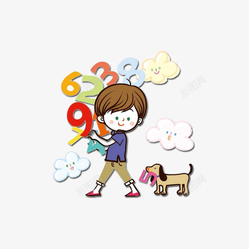 卡通拿着数字的儿童png免抠素材_新图网 https://ixintu.com 人物设计 儿童 儿童生活节 学习 小狗 手绘 数字