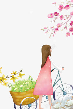 少女自行车卡通手绘唯美春季少女插画高清图片