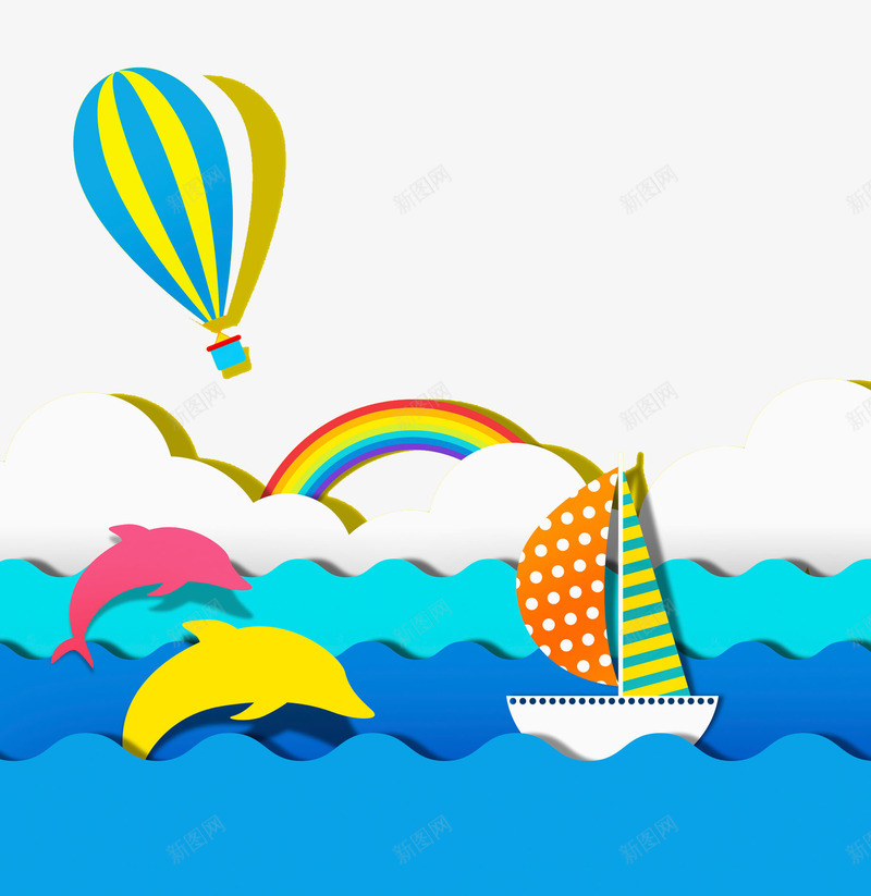 手绘水彩漂浮的热气球png免抠素材_新图网 https://ixintu.com 卡通手绘 小船 彩虹 水彩 海水 漂浮 热气球 蓝色