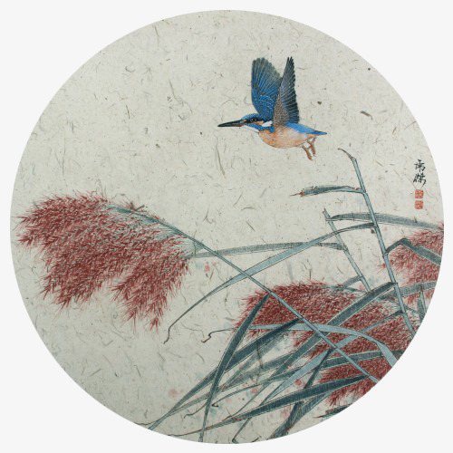 红色芦苇和展翅小鸟png免抠素材_新图网 https://ixintu.com 中国画 国画 圆形画面 小鸟 展翅 红色 芦苇 芦苇荡