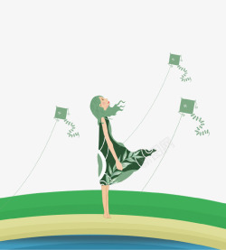 绿色创意放风筝的女孩素材