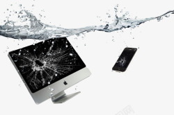 砸碎的苹果电脑水中的手机电脑高清图片