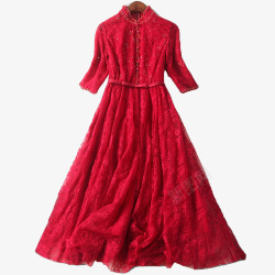 红色丝绸礼服裙镂空刺绣蕾丝红色裙子高清图片