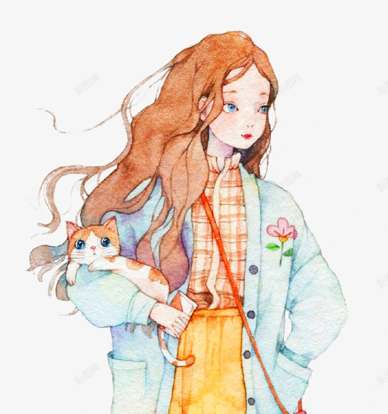 少女psd免抠素材_新图网 https://ixintu.com 卡通手绘 可爱 手插包 手绘少女 手绘猫 抱猫 猫 猫咪