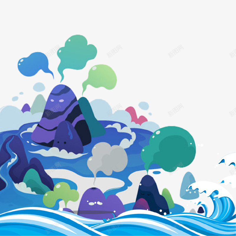 蓝色创意海浪插画psd免抠素材_新图网 https://ixintu.com 创意设计 卡通 插画 海报 海浪 蓝色