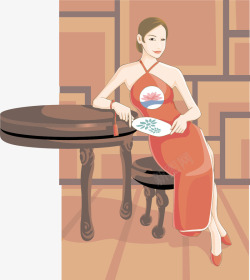拿着扇子的卡通蛇穿旗袍的女人坐在桌前高清图片