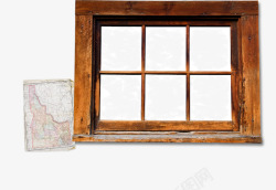 手绘中国风棕色木板窗户素材