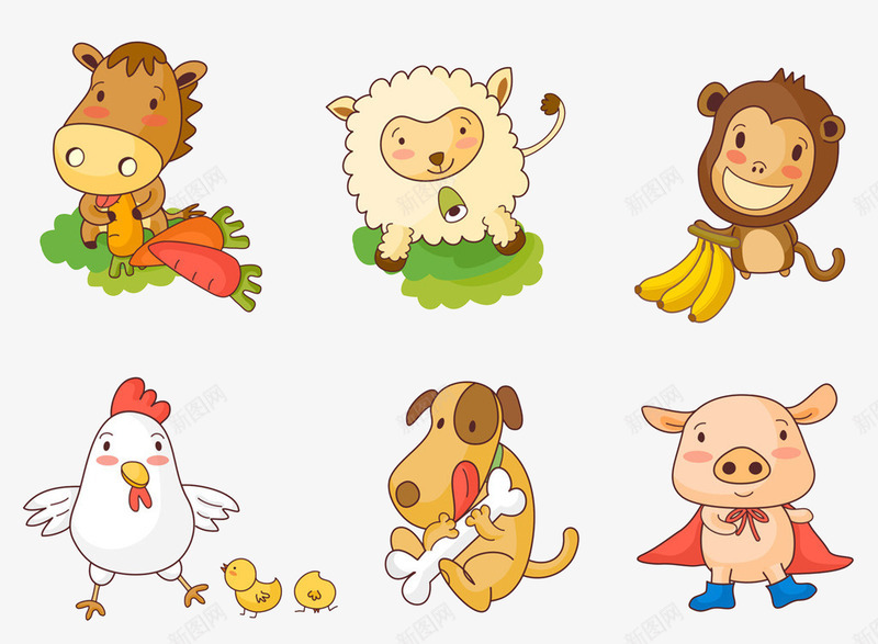卡通动物png免抠素材_新图网 https://ixintu.com 动物 可爱卡通 小鸡 狗 猪 猴子 羊 马