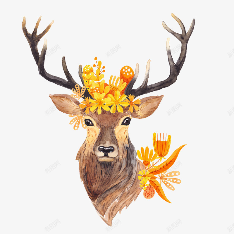 黄色花朵装饰鹿头png免抠素材_新图网 https://ixintu.com 灰色的鹿头 花朵 装饰 鹿头像 黄色