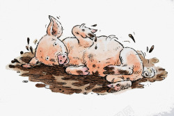 玩耍的小猪手绘插图躺在污泥中的小猪高清图片