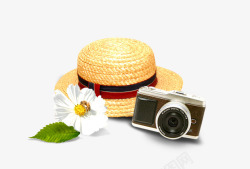 花与相机草帽相机旅游元素高清图片