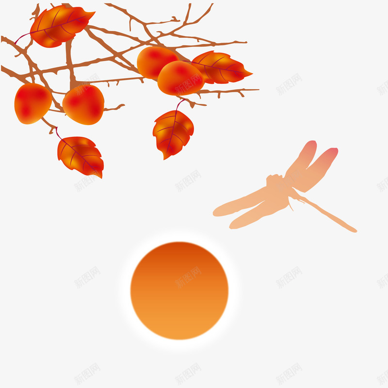 秋天的枫叶png免抠素材_新图网 https://ixintu.com 太阳 枫叶 树木 矢量秋天 红色 蜻蜓 金色太阳