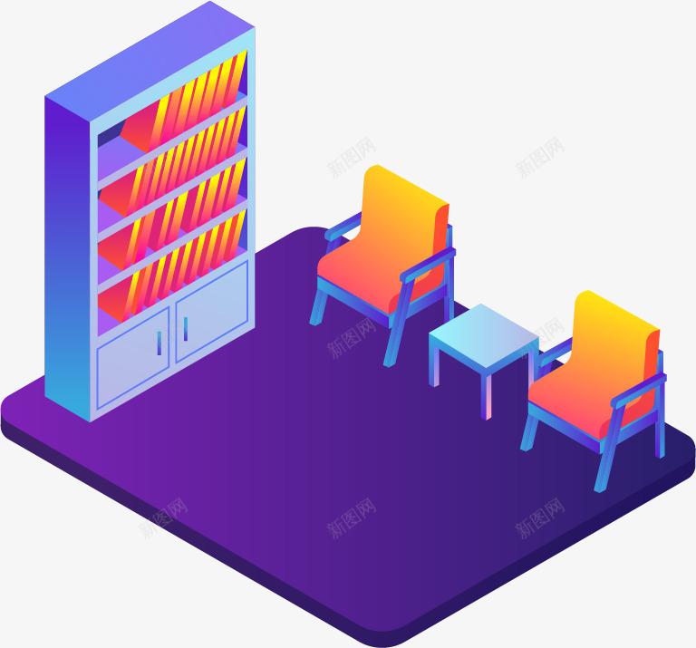 手绘卡通立体C4D书房png免抠素材_新图网 https://ixintu.com C4D 书房 书架 小桌子 椅子 立体 紫色 装修软件插图 装饰