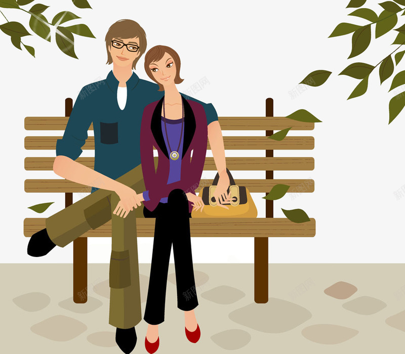 卡通情侣png免抠素材_新图网 https://ixintu.com 坐在长椅上的情侣