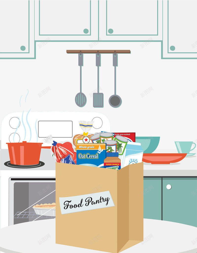 厨房餐柜插画png免抠素材_新图网 https://ixintu.com 厨房橱柜 烹调 碗柜 超市购物