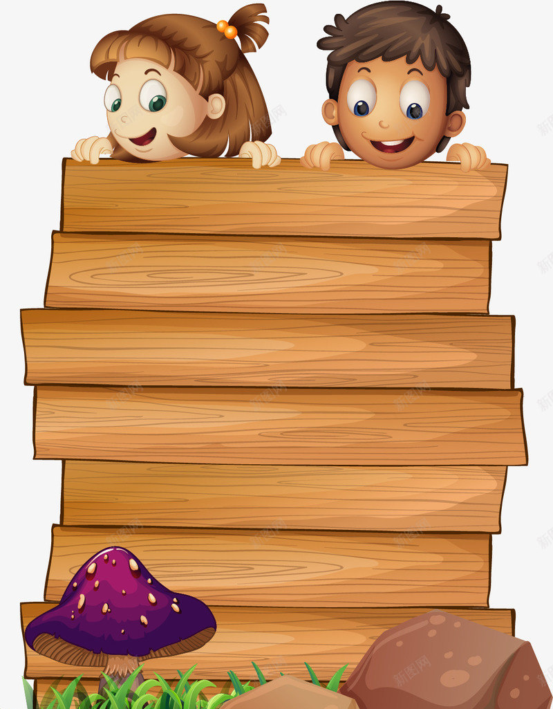 手绘小朋友和木板png免抠素材_新图网 https://ixintu.com 卡通 女孩 手绘 木牌 男孩 趴在木板上的小朋友