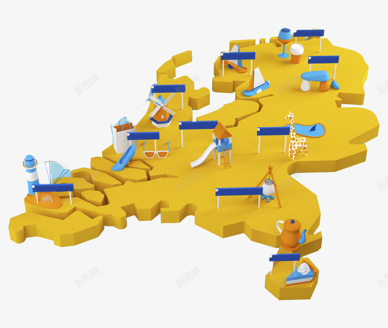 卡通立体沙子地图png免抠素材_新图网 https://ixintu.com C4D 三维 地图 指示牌 沙子 立体 长颈鹿 高跟鞋 黄色