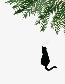 卡通黑猫和树叶素材