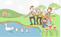 草地上的鸭子卡通插图一家人湖边草地看鸭子高清图片