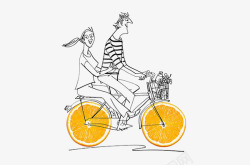 手绘骑自行车的情侣素材