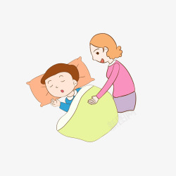 卡通帮睡觉的小孩盖被子的妈妈素素材